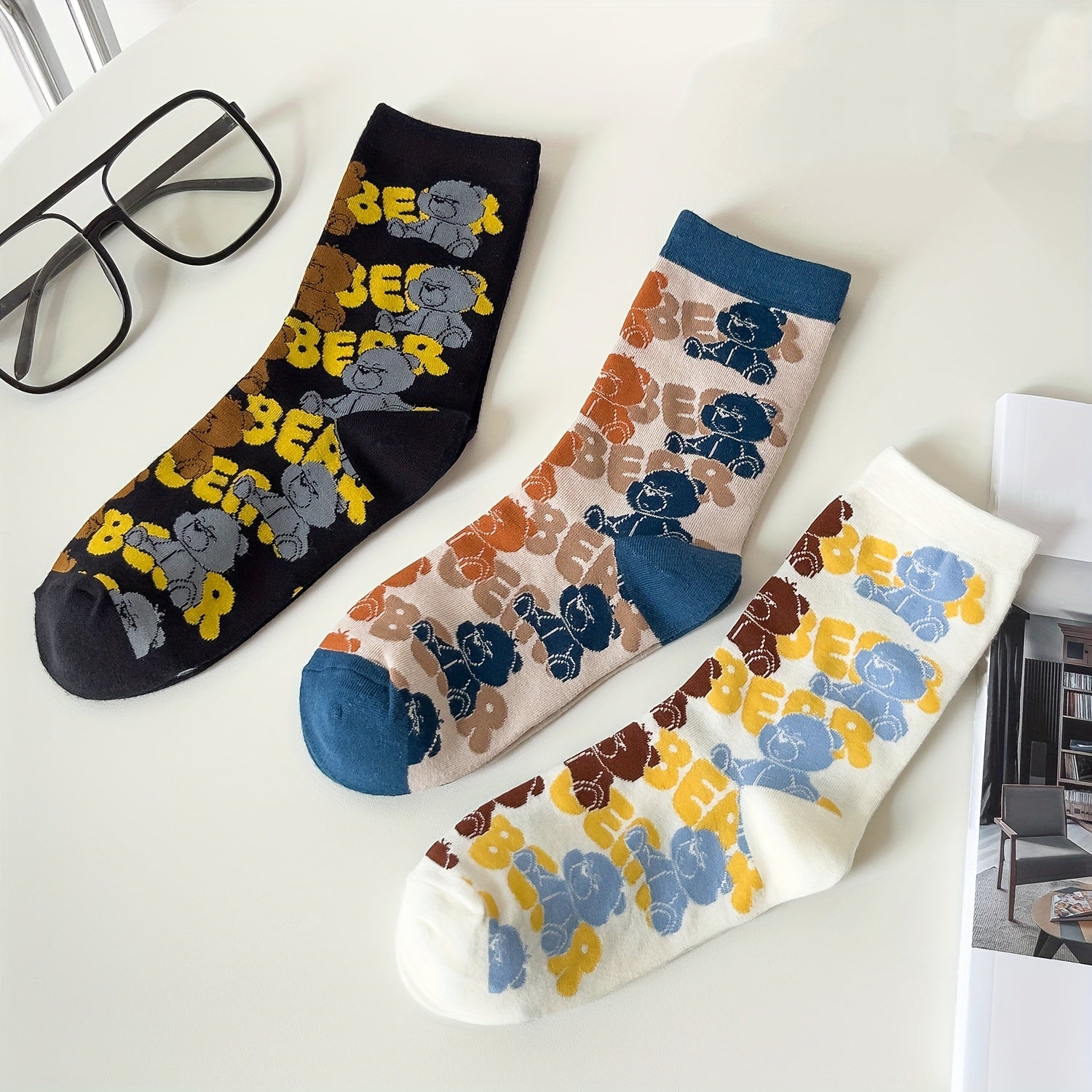 3 Pairs Cute Bear Print Socks Mid Tube Women's Stockings