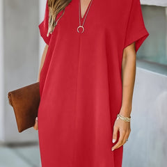 Women's Plus Solid Short Sleeve V Neck Medium Stretch Loose Fit Dress