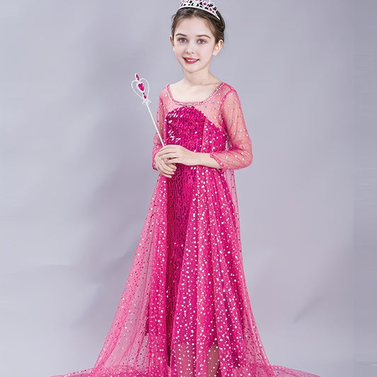 Princess Dress & Accessories Set with Sequin Decor Mesh Cloak