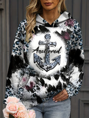 Anchor & Leopard Print Hoodie Casual Long Sleeve Sweatshirt