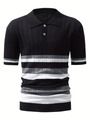 Stripe Pattern Polo Sweater Men's Warm Stretch V Neck Pullover