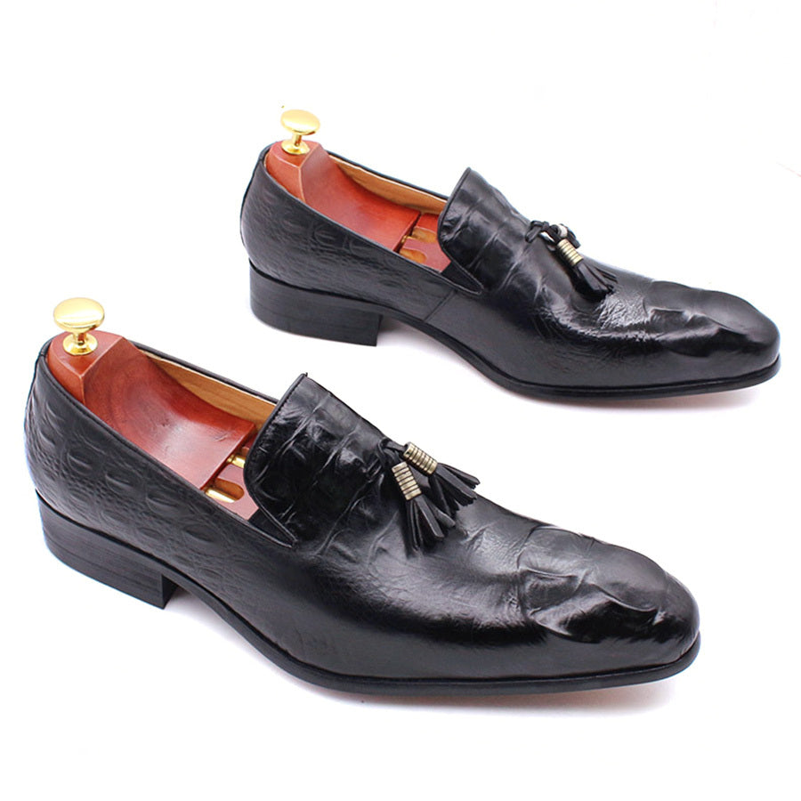 Men's Croc Print Leather Pointed Toe Tassel Loafers