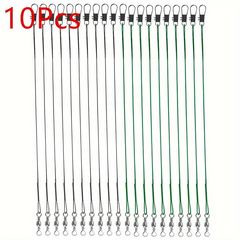 10pcs Stainless Steel Fishing Wire Leader w/ Swivel Snap Silvery Green 5.91in