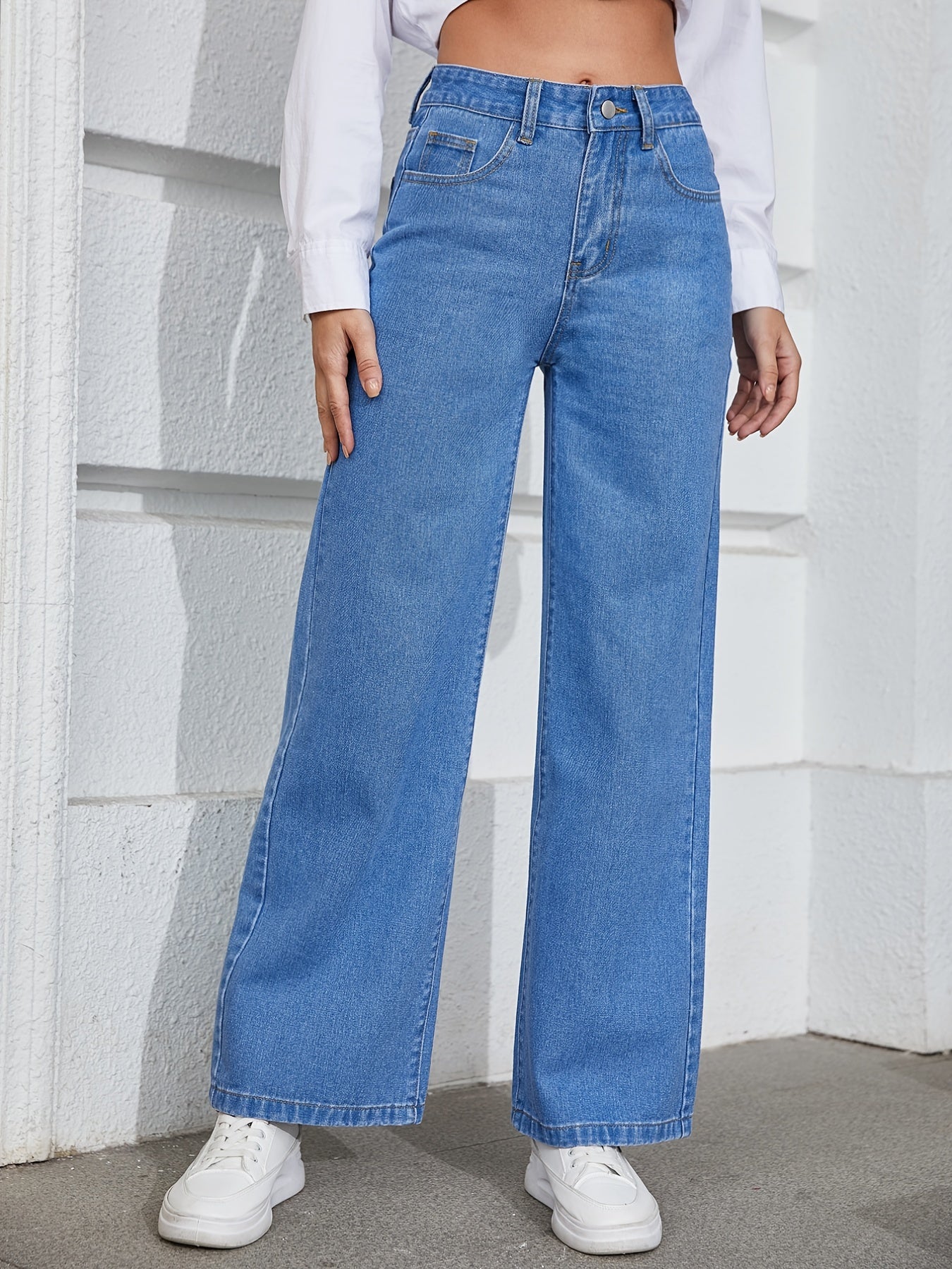 High Waist Wide Leg Jeans Slash Pockets