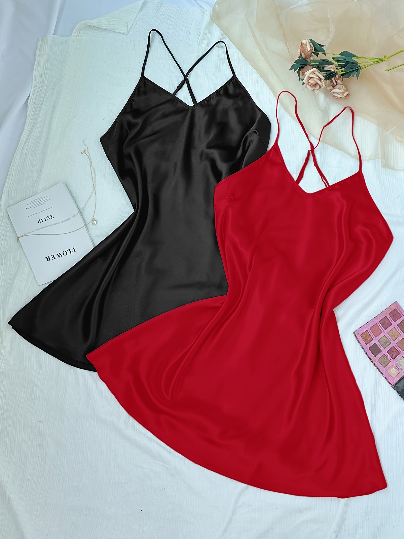 2 Pack Plus Size Sexy Nightdress Set Women's Plus Satin V Neck Criss Cross Back
