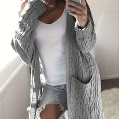 Cable Knit Open Front Cardigan with Pockets