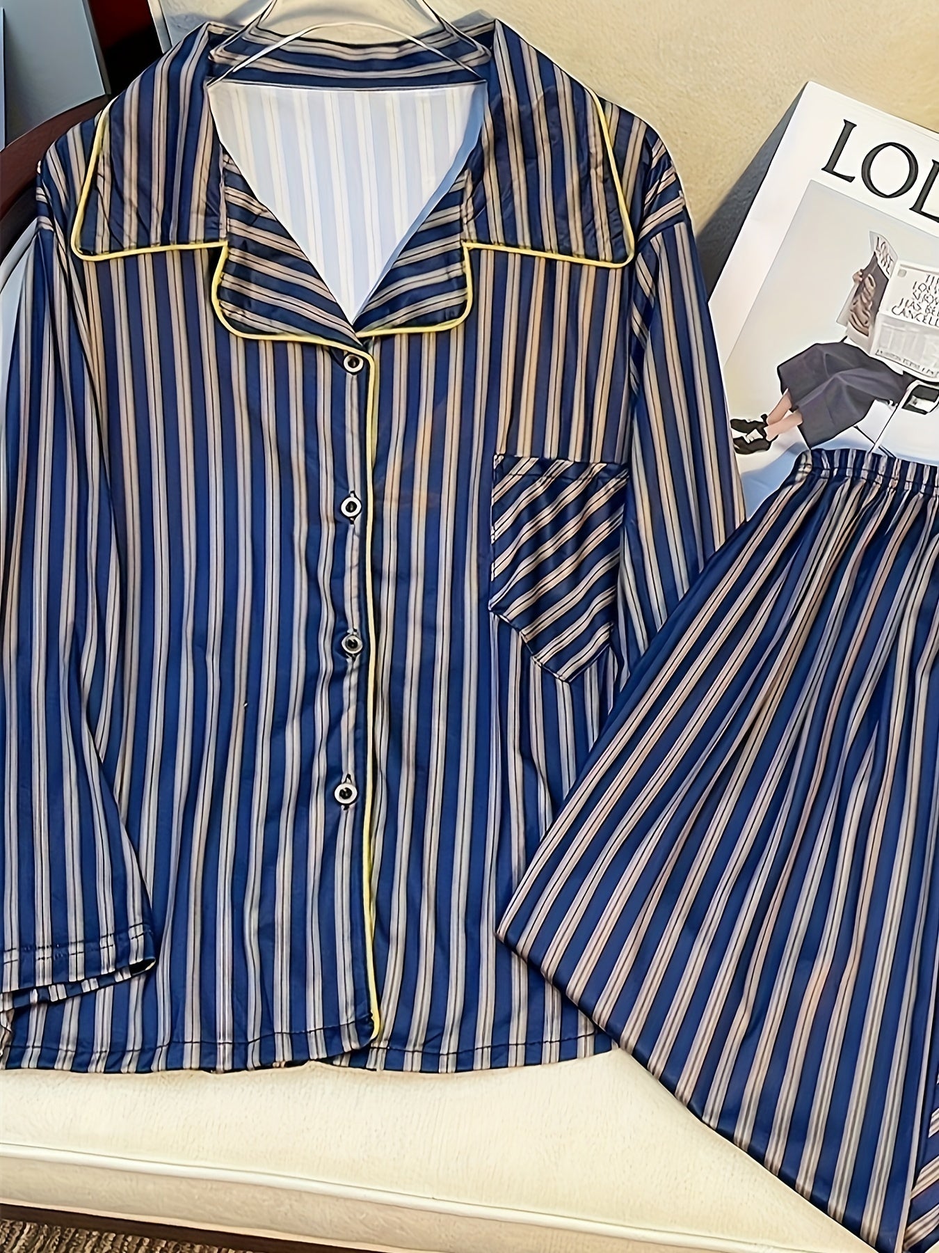 Stripe Print Pajama Set Button Up Top & Pants