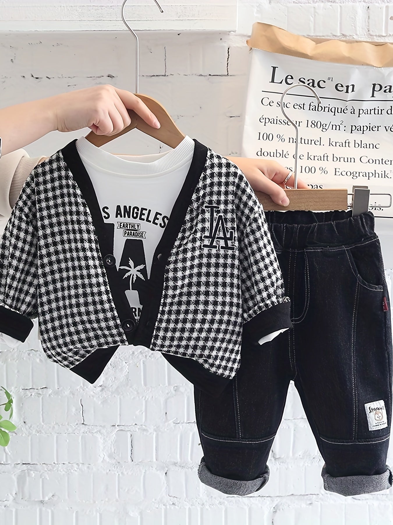 Boys Casual Outfit Long Sleeve T Shirt & Jeans Pants & Cardigan Coat