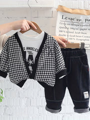 Boys Casual Outfit Long Sleeve T Shirt & Jeans Pants & Cardigan Coat