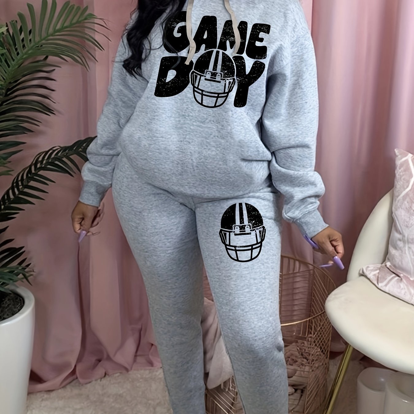 Women's Plus Size Helmet & Art Letter Print Hoodie & Sweatpants Set