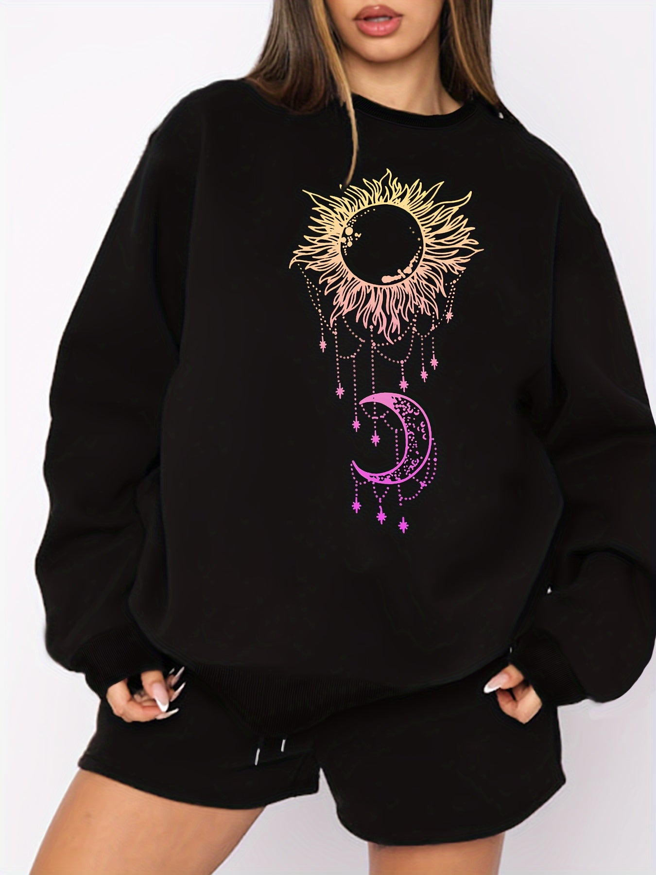 Women's Plus Moon & Sun Print Fleece Liner Sweatshirt & Shorts Outfit Set