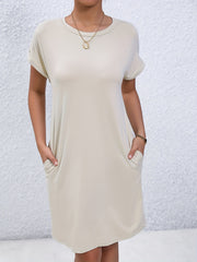 Casual Rolled Sleeve Dress with Pockets