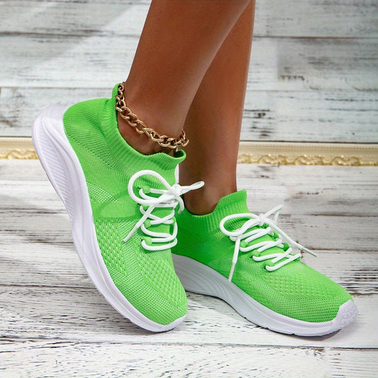 Women's Lace Up Knit Sneakers Green Lightweight Running Shoes