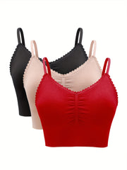 Casual Bra Set Women's Solid Ruched Bralette Three Piece Set