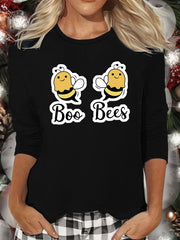 Bee Print Lounge Top Long Sleeve Crew Neck Women's Sleepwear