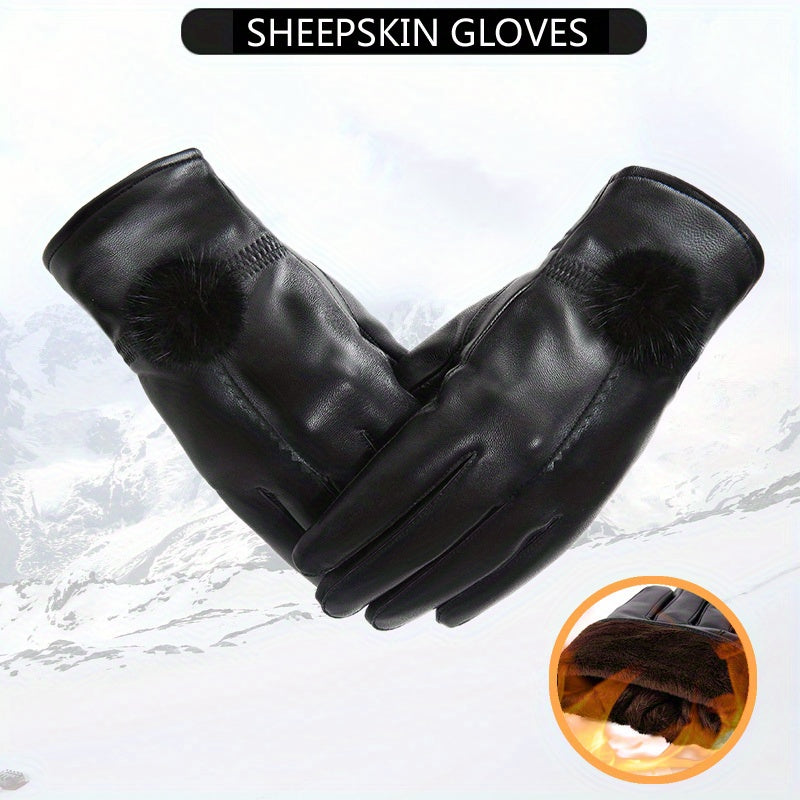Women's PU Leather Plush Short Gloves for Riding Windproof
