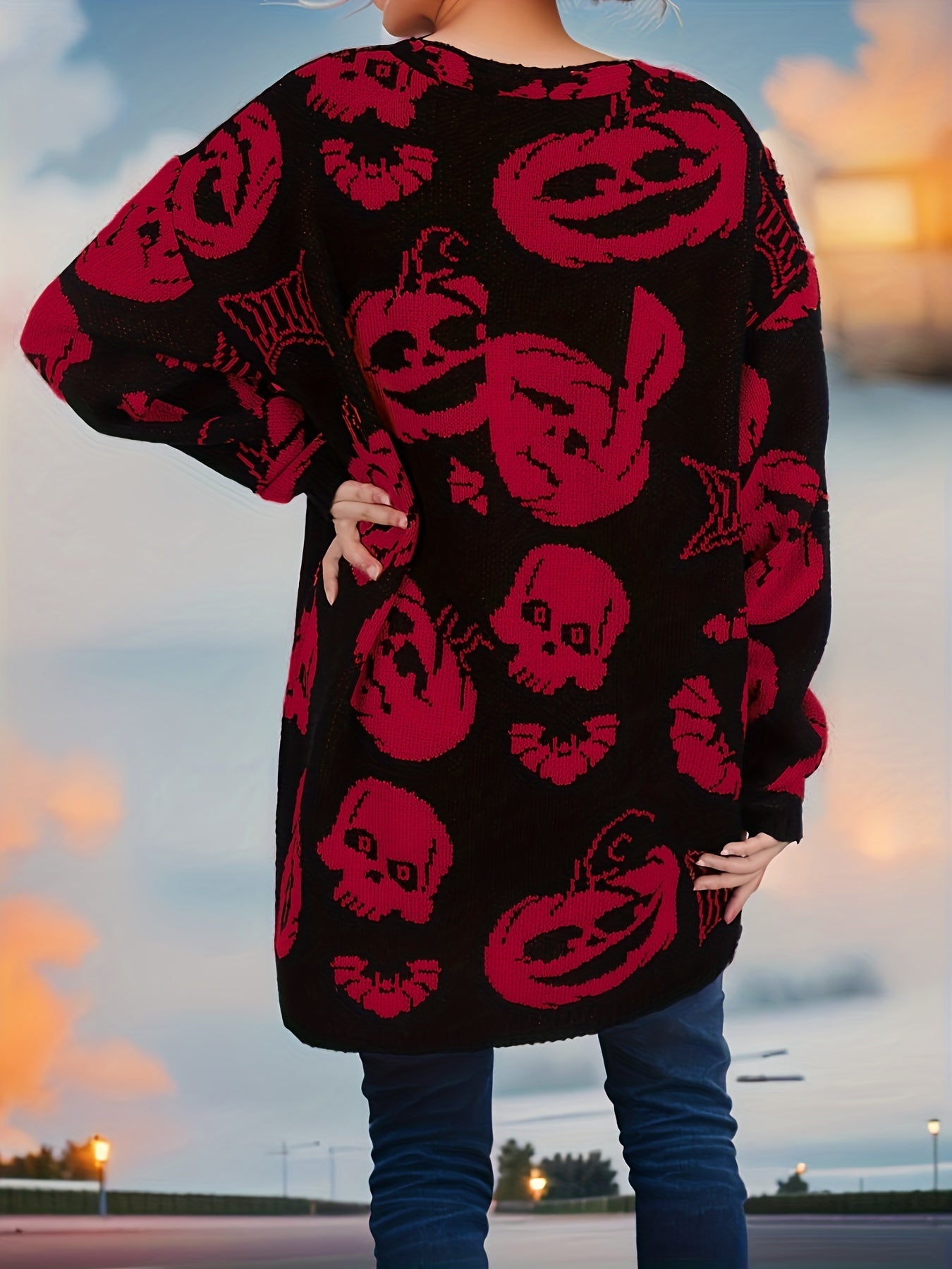 Pumpkin Pattern V Neck Button Up Cardigan Sweater