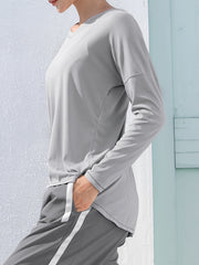 Women's Loose Solid Long Sleeve Crew Neck T Shirt Quick Drying Sports Top