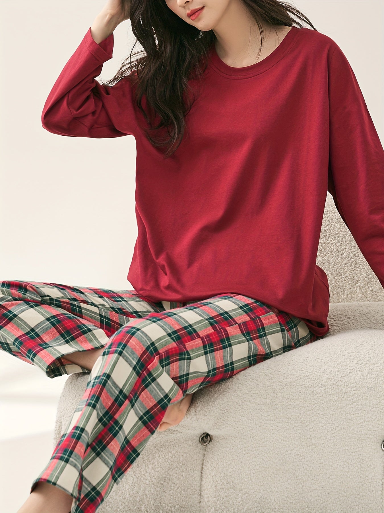 Plaid Print Pajama Set Long Sleeve Top & Plaid Pants