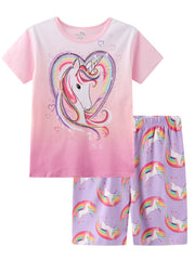 Girls Unicorn Pajama Set Short Sleeve T-shirt Shorts Summer