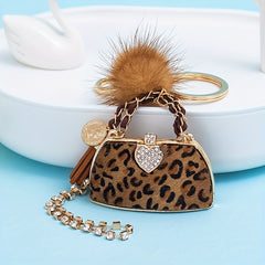 Leopard Bag & Pom Pom Bracelet Keychain Rhinestone Key Ring Purse Charm