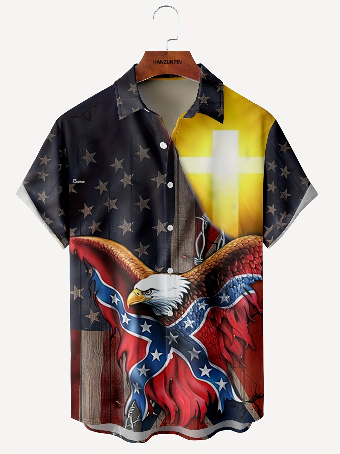 American Flag & Eagle Print Button Up Shirt