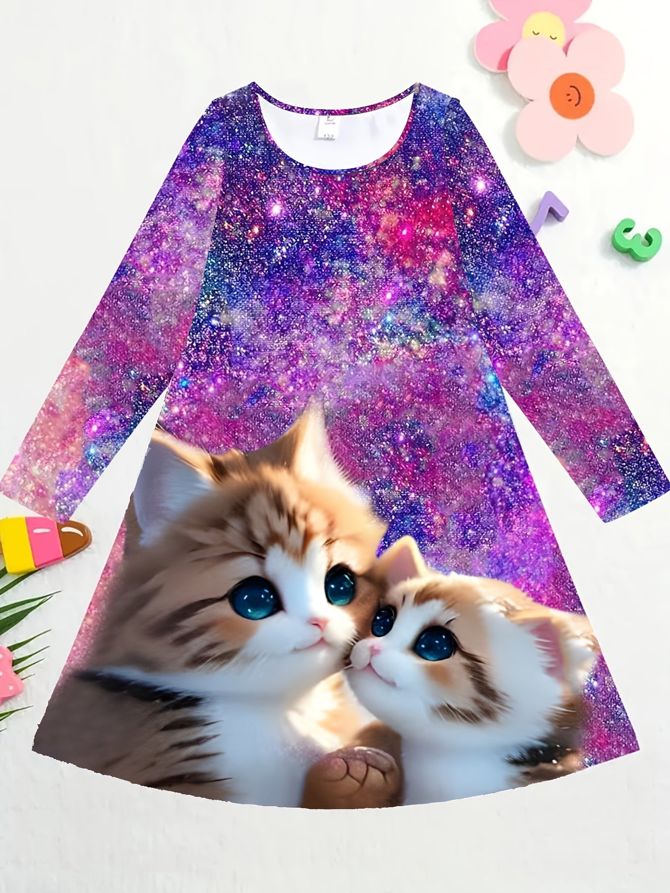 Girls Dreamy Kitty & Starry Sky Graphic Crew Neck Long Sleeve Dress