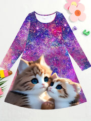 Girls Dreamy Kitty & Starry Sky Graphic Crew Neck Long Sleeve Dress