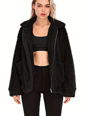 Solid Zip Up Teddy Coat Casual Long Sleeve Pocket Front Warm Outerwear
