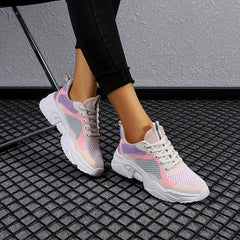 Women's Breathable Knit Sneakers Lace Up Colorblock Shoes