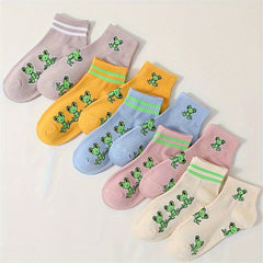 10 Pairs Cartoon Frog Print Socks Comfy & Short Women's Stockings
