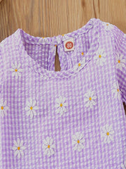 Girls Summer Plaid & Flowers Outfit Short Sleeve T shirt & Shorts Set