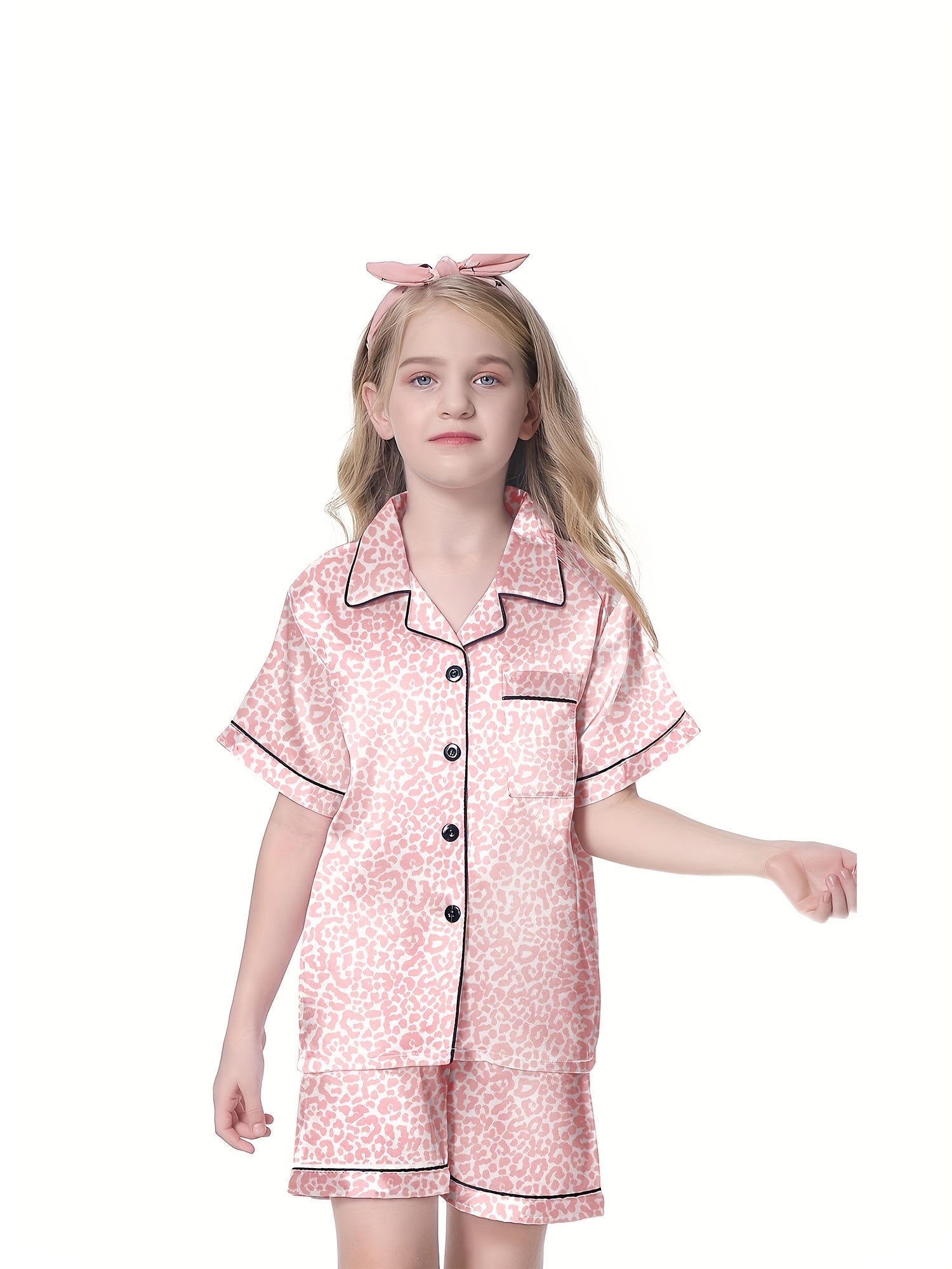 Girls 2pcs Pajamas Top & Shorts Solid Short Sleeve Button Front PJ Set