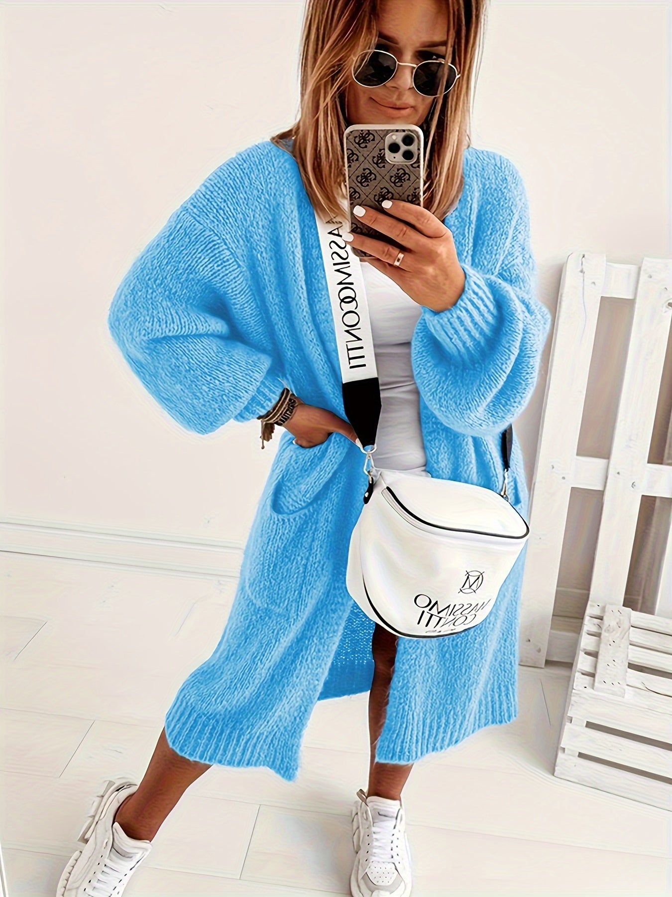 Solid Lantern Sleeve Open Front Cardigan with Pockets