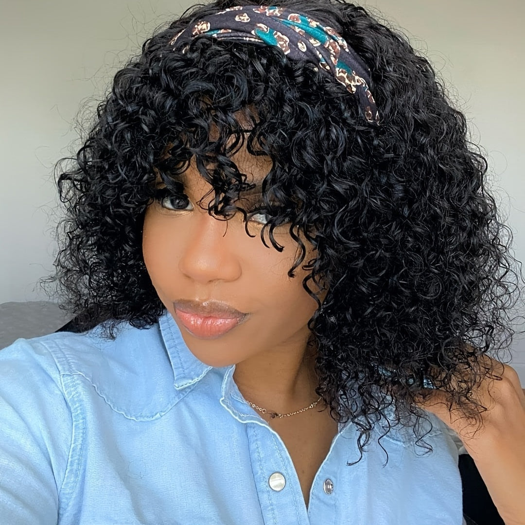 Long Lasting Kinky Curly Human Hair Wig with Bangs for Women