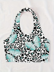 Butterfly Print Halter Top Sexy Backless Leopard Top