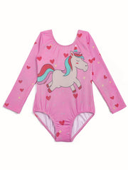 Girls Pony Graphic Print Long Sleeve Gymnastics Leotard