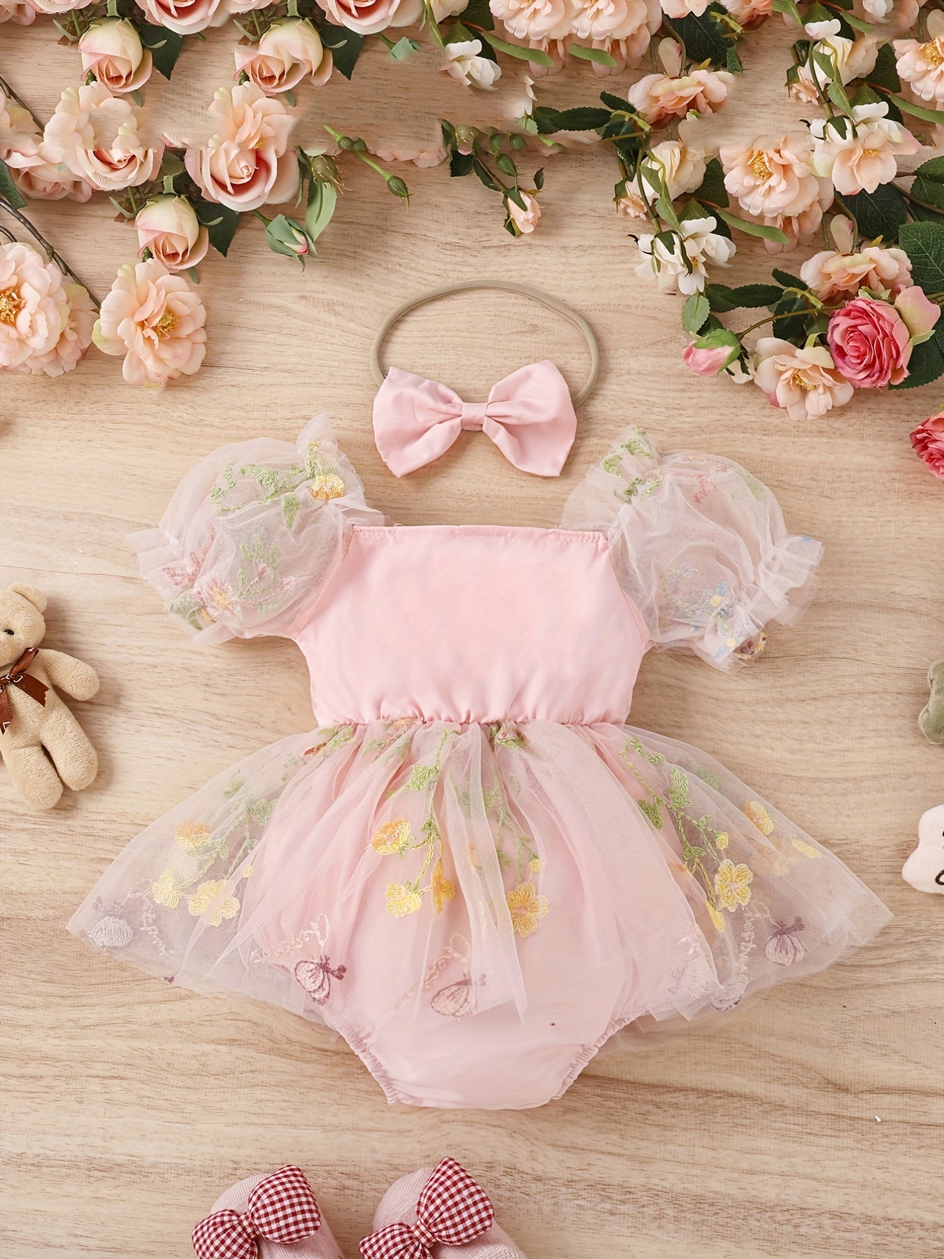 Baby Girls Floral Embroidery Mesh Onesie Dress & Headband Set
