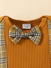 2pcs Baby Boys Bowknot Onesie & Plaid Shorts Set
