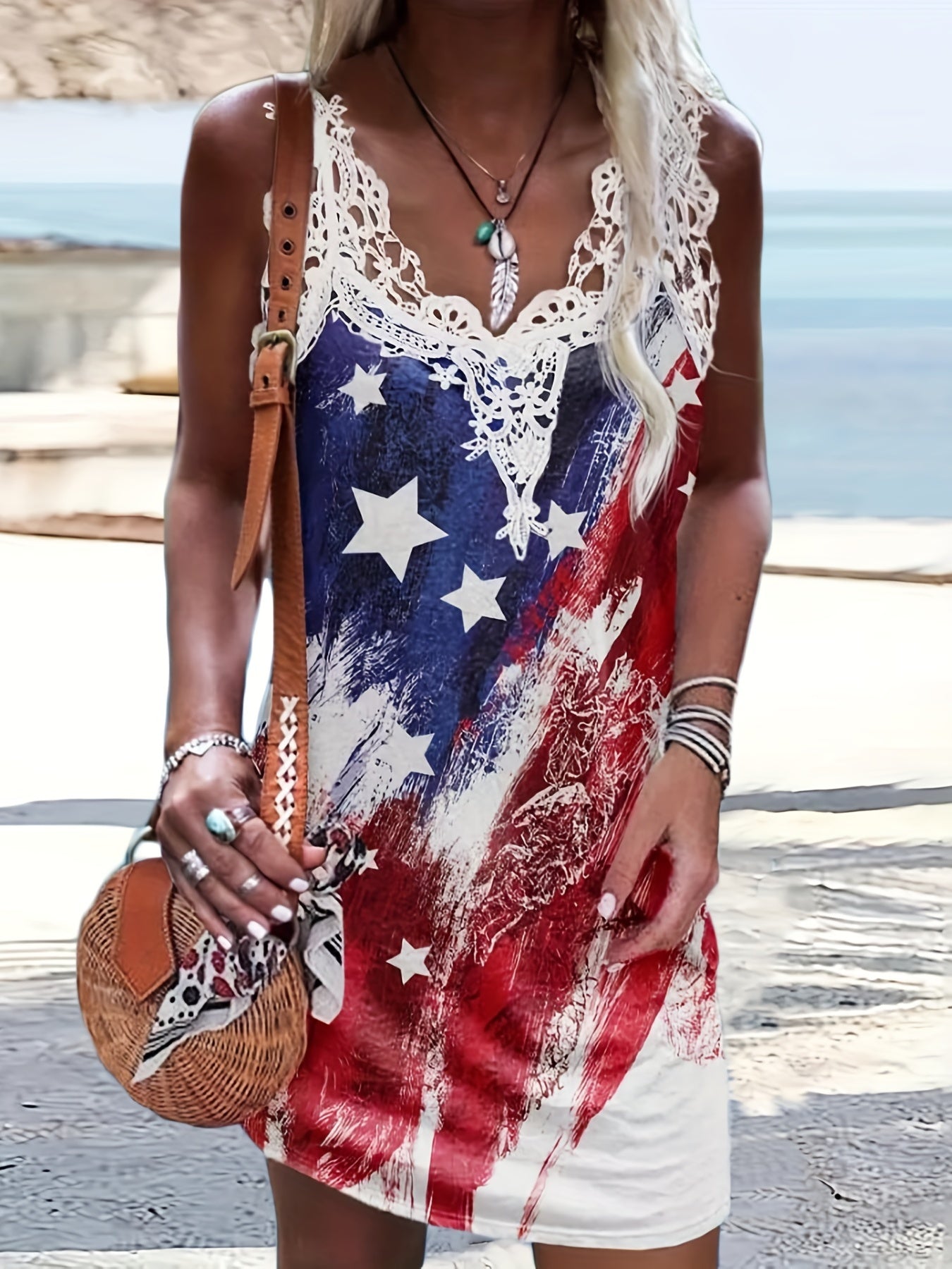 American Flag Print Dress Contrast Lace Sleeveless