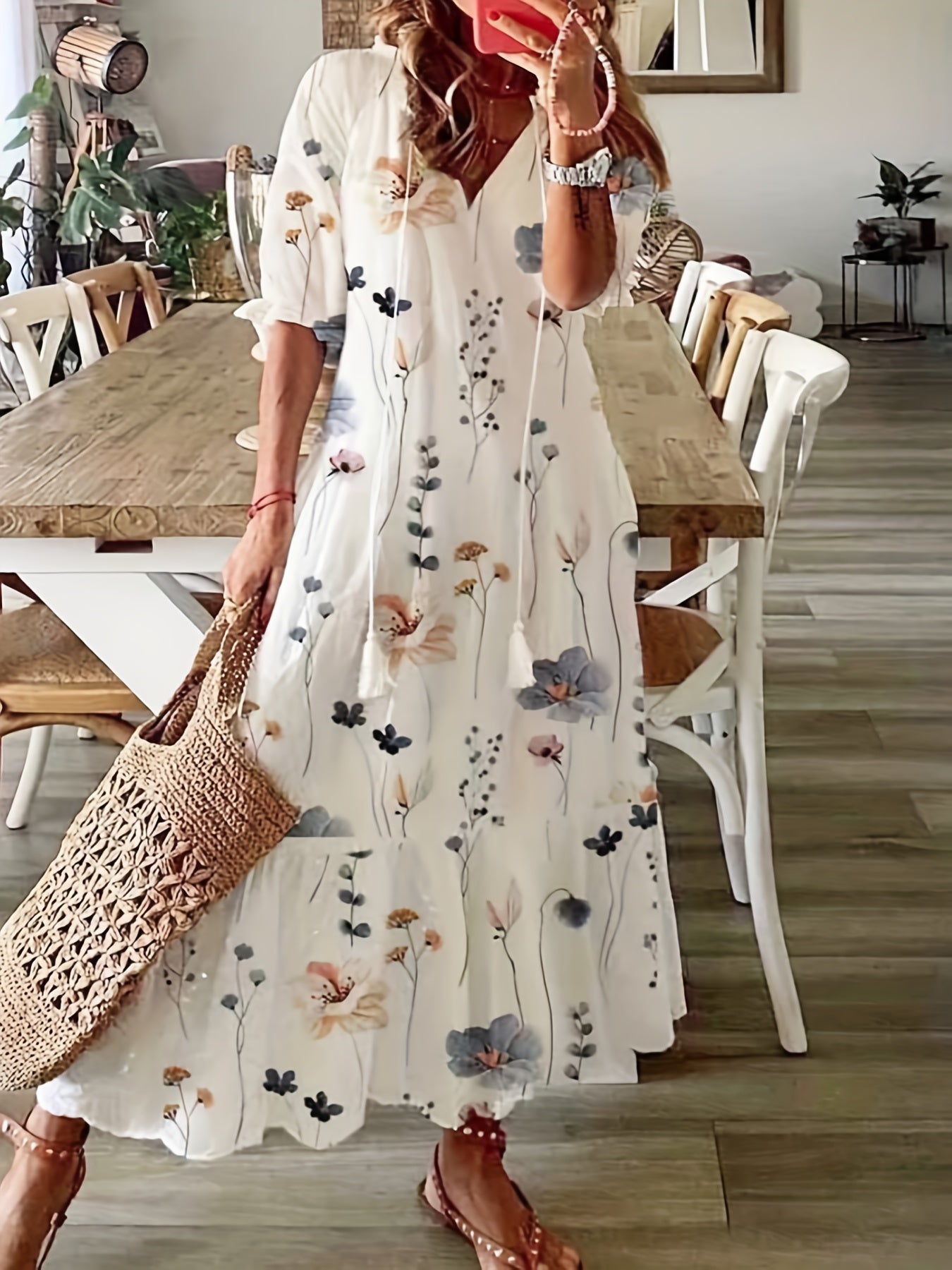 Boho Dress Women's Plus Leaf & Stripe Print Maxi Smock Dress