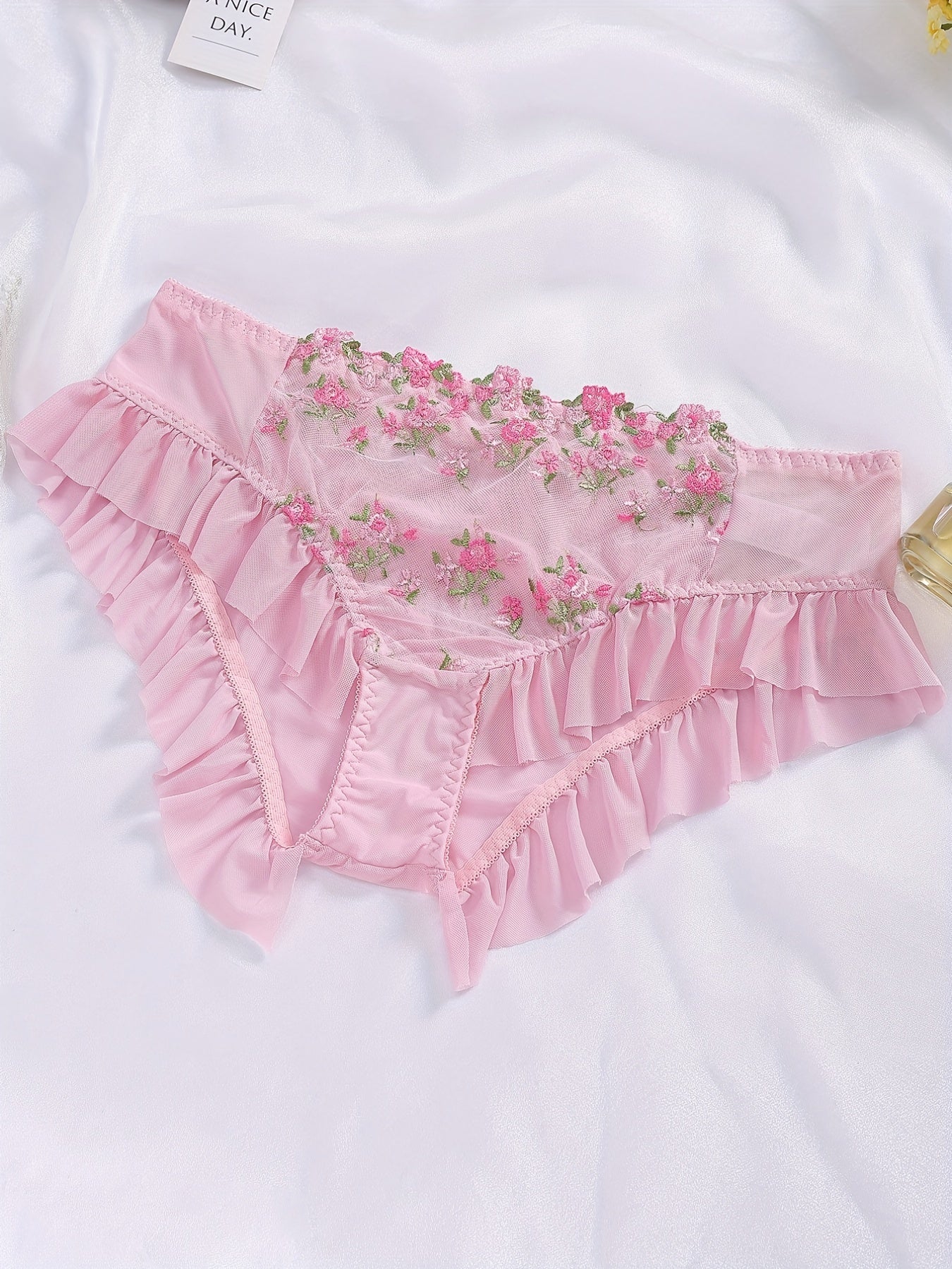 Floral Embroidered Mesh Ruffle Trim Bra & Underwear Set
