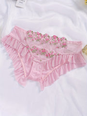Floral Embroidered Mesh Ruffle Trim Bra & Underwear Set