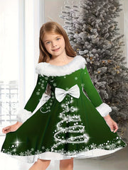 Girls Christmas Tree Print Dress Casual Holiday Gift
