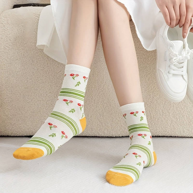 5 Pairs Floral Print Socks Mid Tube Women's Stockings