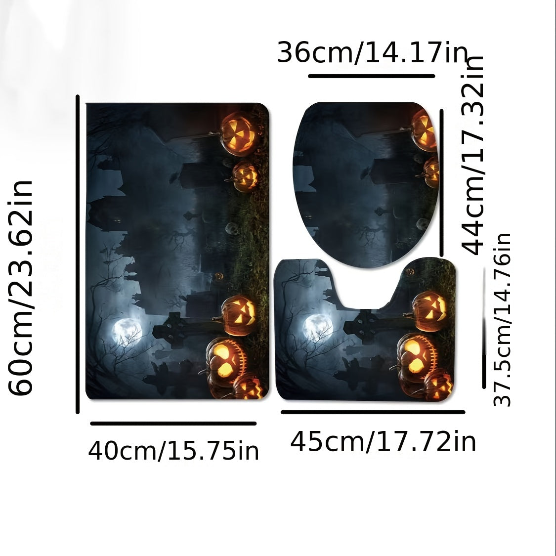 3pcs Halloween Pumpkin Mat Set Non Slip Bathroom Toilet Rug U Shape Mat