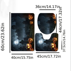 3pcs Halloween Pumpkin Mat Set Non Slip Bathroom Toilet Rug U Shape Mat