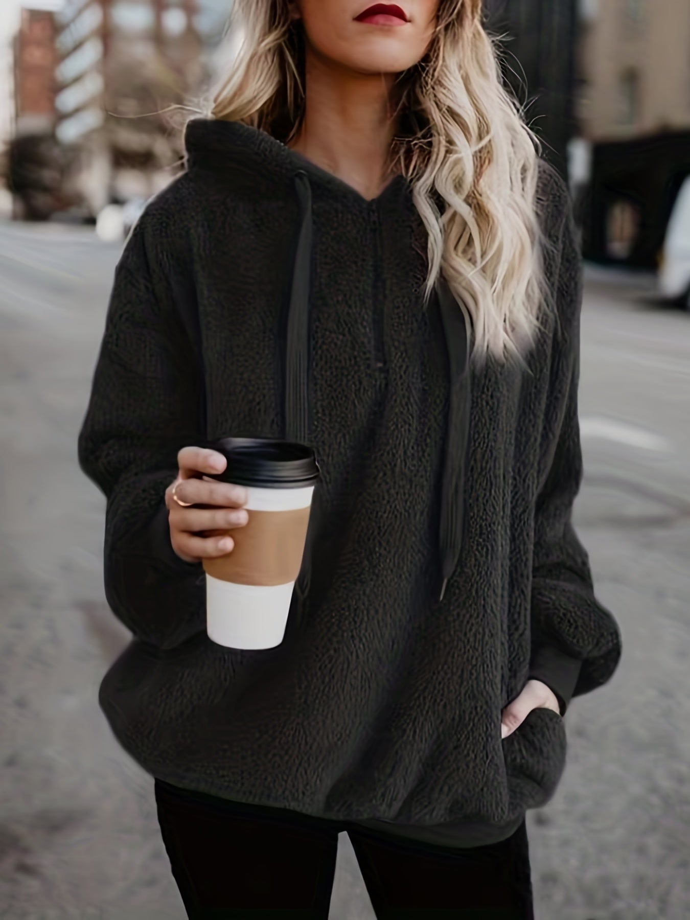 Solid Quarter Zip Fuzzy Hoodie Long Sleeve Hoodies Sweatshirt Women