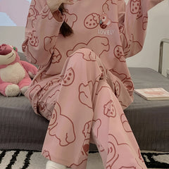 Bear Print Pajama Set Long Sleeve Crew Neck Women's Sleepwear
