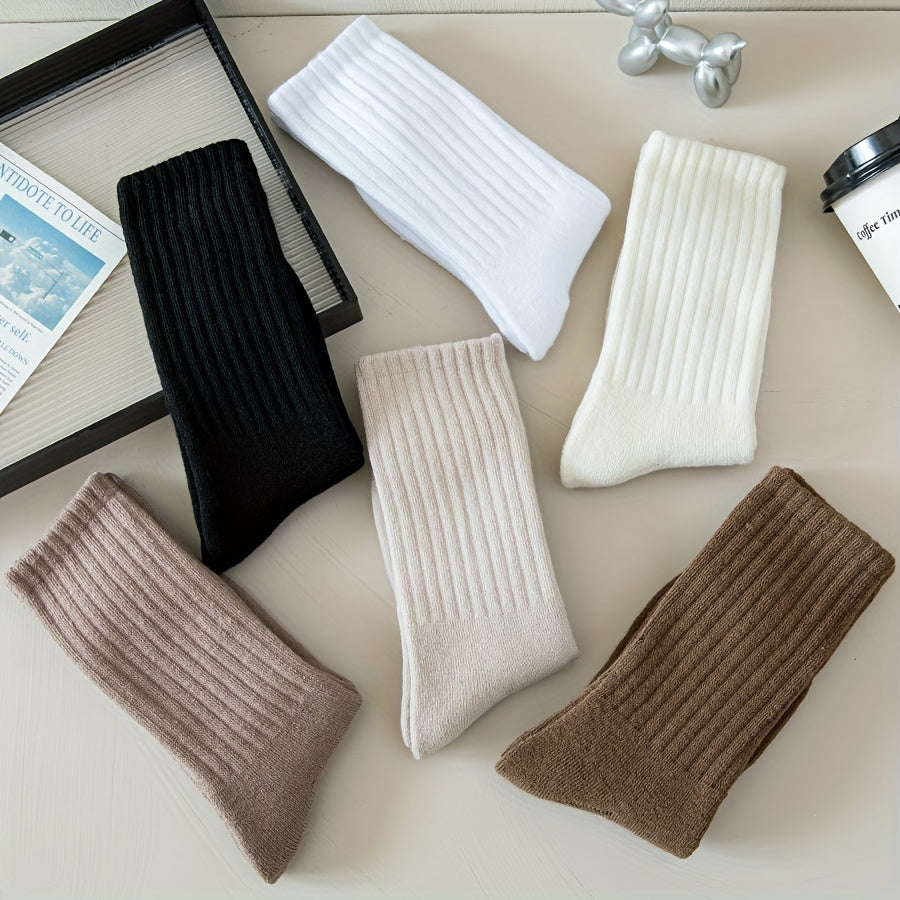 6 Pairs Soft Mid Tube Women's Socks Solid Color Stockings